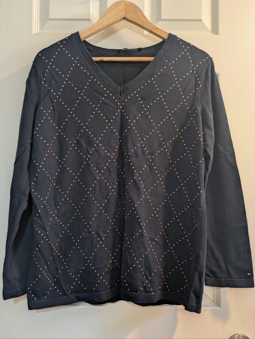 Tommy Hilfiger Navy V‑Neck Long Sleeve Top with Gold Studs